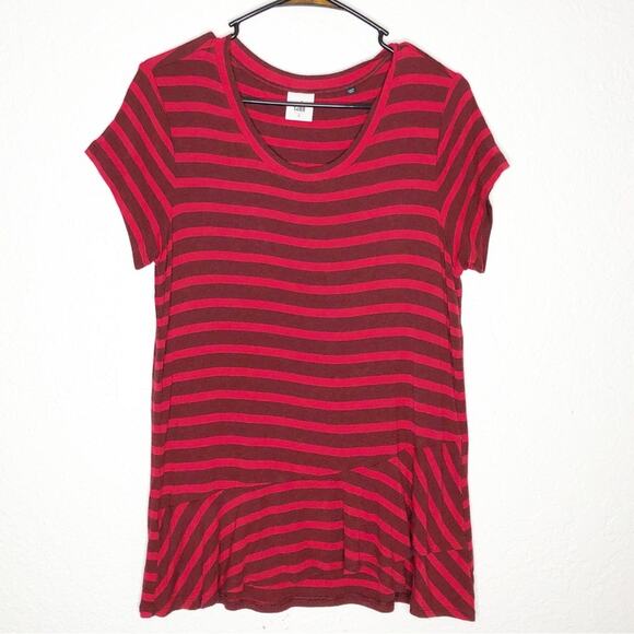 Cabi Sweet Talk maroon red striped ruffle hem jersey knit top Small #3631 - Picture 2 of 14